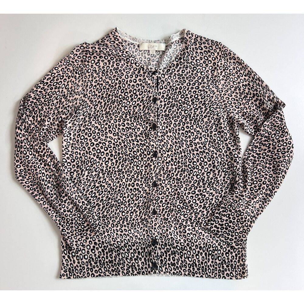 Ann Taylor LOFT Women's Lightweight Button Front Cardigan Tan Black Print Size L